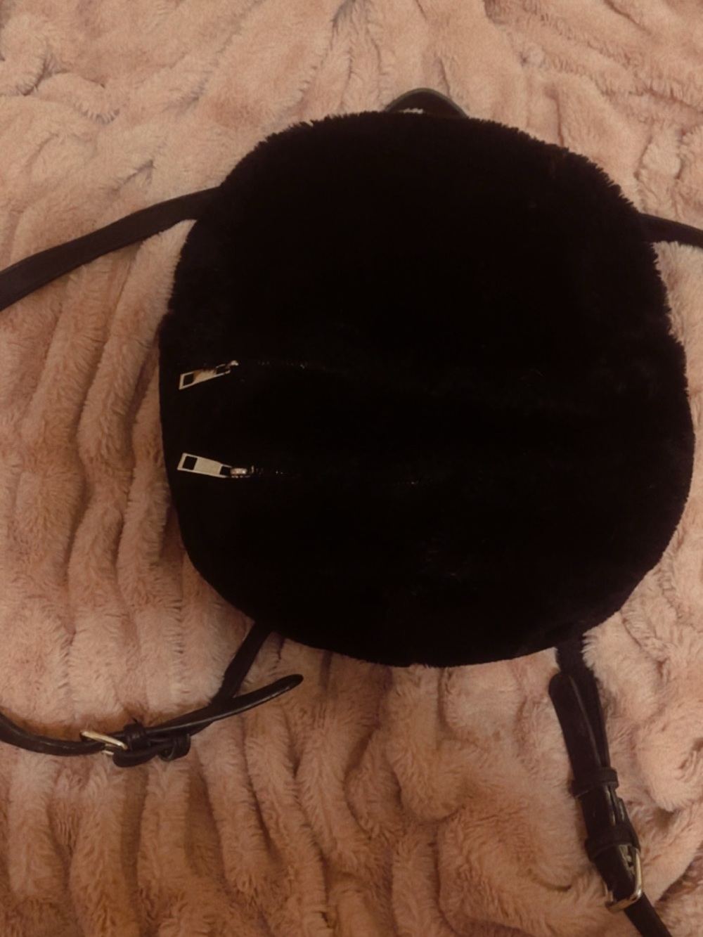 Forever 21 Black Faux Fur Mini Backpack with Gold Zippers